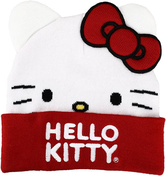 Sanrio Hello Kitty Big Face Bow Embroidered Beanie Hat for Girls Multicolored