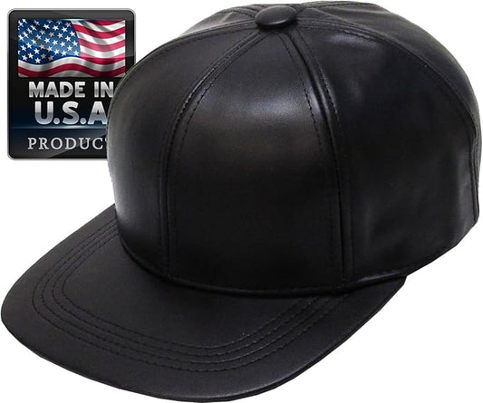 Genuine Leather Flat Bill Baseball Hat Cap - Made in USA