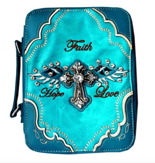 Turquoise Christian Bible Embroidery Case