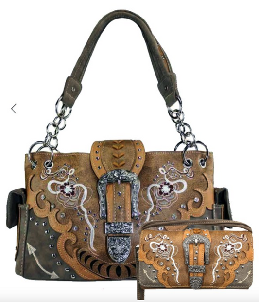Tan Premium Buckle Embroidery Concealed Carry Purse & Wallet Set