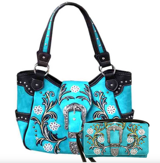 Turquoise Western Concealed Carry Purse & Wallet Set With Buckle Flower Embroide