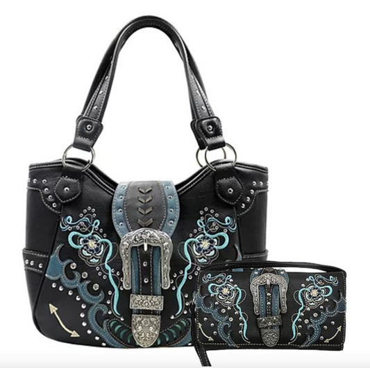 Black/Turquoise Premium Buckle Embroidery Concealed Carry Purse & Wallet Set