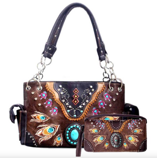 Brown Western Concealed Carry Purse & Wallet Set With Peacock Feather Embroidery