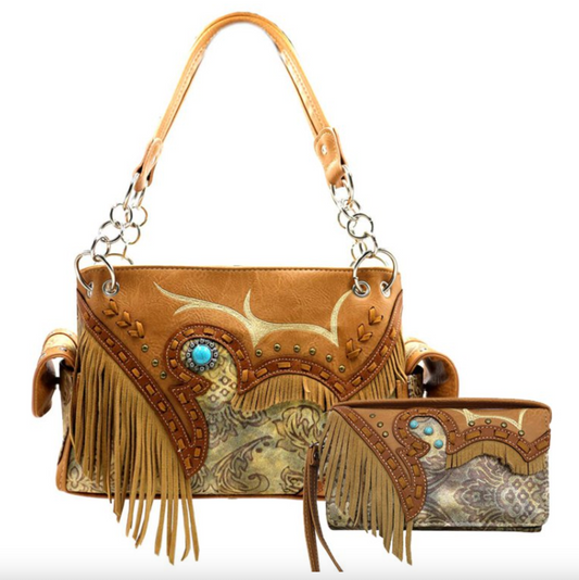 Tan Western Concealed Carry Purse & Wallet Set With Fringe Multi-Ring Embroidery
