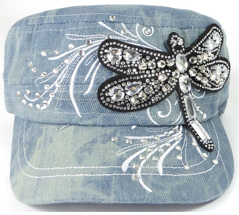 Rhinestone Cadet Cap - Dragonfly - Splash Light Denim