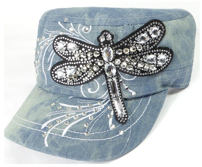 Rhinestone Cadet Cap - Dragonfly - Splash Light Denim